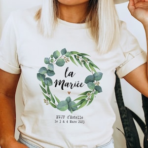 T-shirt bio EVJF Couronne Eucalyptus - T-shirt team mariée - T-shirt future mariée personnalisé - sac tote bag et badges Cadeau EVJF
