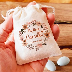 Sac pochon dragées personnalisé thème couronne de fleurs terracotta - sachet dragées -  cadeaux invités Baptême Communion confirmation