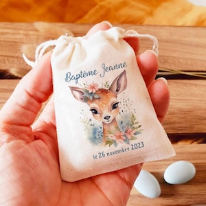 Sac pochon dragées personnalisé thème jolie biche - sachet dragées -  cadeaux invités Baptême Communion confirmation