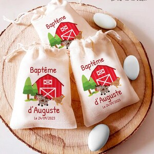 Pochon dragées personnalisé thème ferme - Sac ballotin dragées personnalisé thème ferme | cadeaux invités | Baptême | Communion