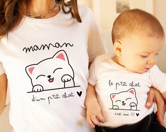 Duo de tee-shirts maman enfant petit chat  - cadeau maman - body personnalisé bébé - cadeau de naissance - t-shirt petit chat