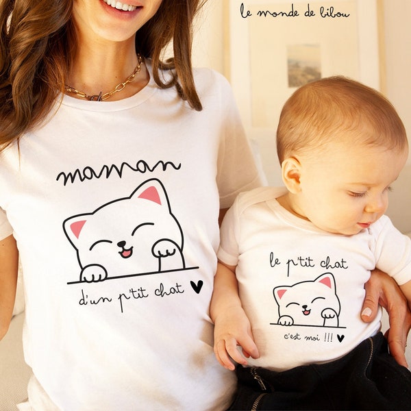 Duo de tee-shirts maman enfant petit chat  - cadeau maman - body personnalisé bébé - cadeau de naissance - t-shirt petit chat
