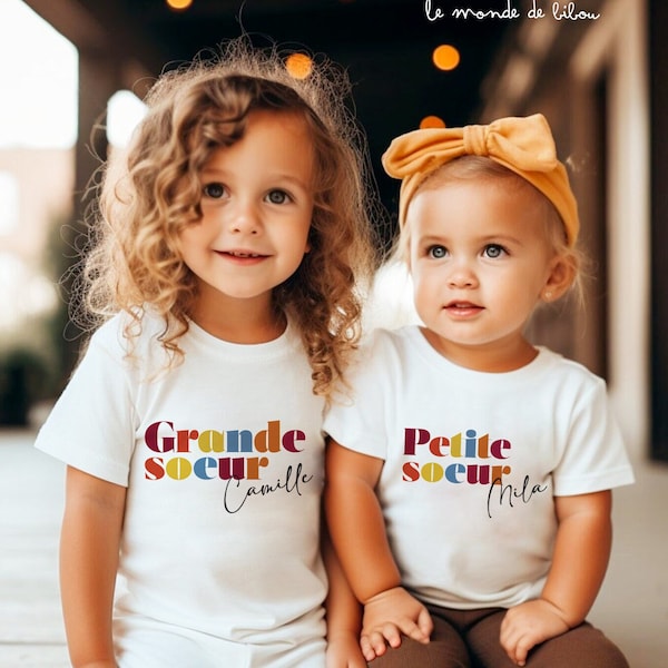 Duo T-Shirts personnalisé petite et grande sœur - t-shirt enfant personnalisable - cadeau grande sœur - t-shirt bébé