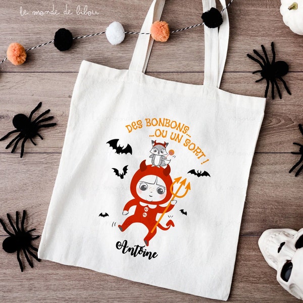 Sac à bonbons d'Halloween personnalisé - Pochon Tote bag tshirt tasse collection Halloween illustration petit diable - cadeau Halloween