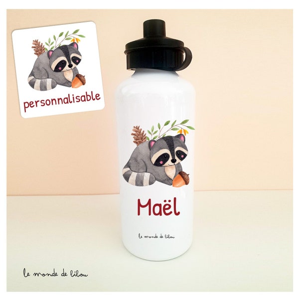 Gourde enfant personnalisée raton laveur, cadeau enfant, rentrée scolaire - bouteille sport