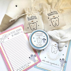 Kit Boîte Range Dents de Lait + Carte Souvenir + Mini Pochon Petite Souris - boite à dents de lait - cadeau petite souris fée des dents
