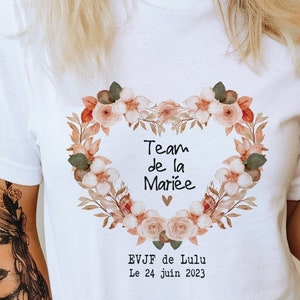 Tee Shirt EVJF personnalisé, Cœur Terracotta et Rose , t-shirt blanc ou rose Couronne de fleurs, EVJF t-shirt team mariée - future mariée -