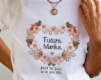 Tee Shirt EVJF personnalisé, Cœur Terracotta et Rose , t-shirt blanc ou rose Couronne de fleurs, EVJF t-shirt team mariée - future mariée -