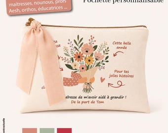 Gift idea to thank teachers, nannies, teaching assistants, classroom assistants... Personalized pouch with a bouquet of flowers. End-of-year gift