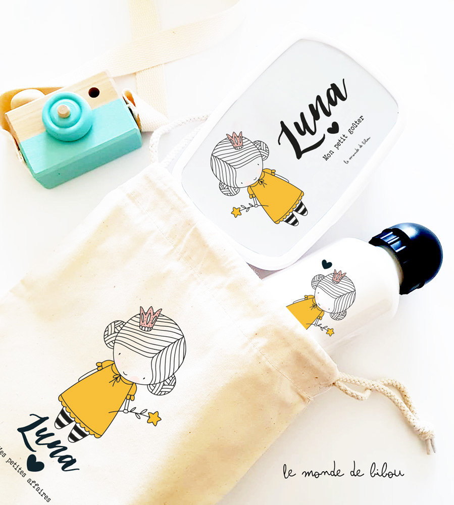 Kit Enfant Prince Princesse - Boîte à Goûter Gourde Incassable Sac de Rangement Cadeaux Personnalisé