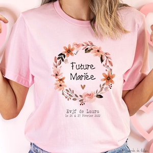 Collection EVJF au choix t-shirt future mariée t-shirt team mariée ou Badge ou encore sac tote bag team mariée EVJF couronne de fleurs T-shirt mariée rose