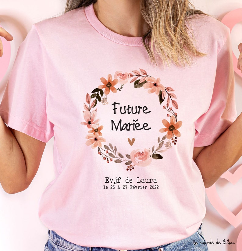 Collection EVJF au choix t-shirt future mariée t-shirt team mariée ou Badge ou encore sac tote bag team mariée EVJF couronne de fleurs image 8