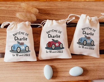 Sac pochon dragées personnalisé thème voiture rétro | cadeaux invités | Baptême | cadeaux Communion | sachet dragées - mini pochon