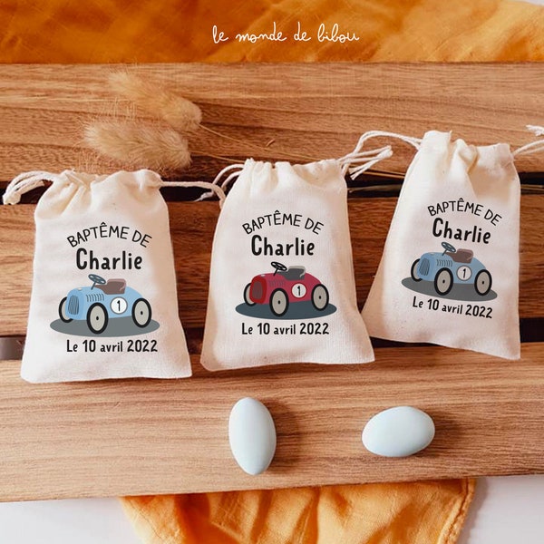 Sac pochon dragées personnalisé thème voiture rétro | cadeaux invités | Baptême | cadeaux Communion | sachet dragées - mini pochon