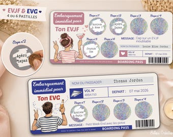 May include: Two boarding passes with illustrations and text. One pass reads "Ton EVJF" and the other "Ton EVG". The passes include phrases like "Apéro tapas" and "Journée Spa". The passes are for a bachelorette party and a bachelor party.
