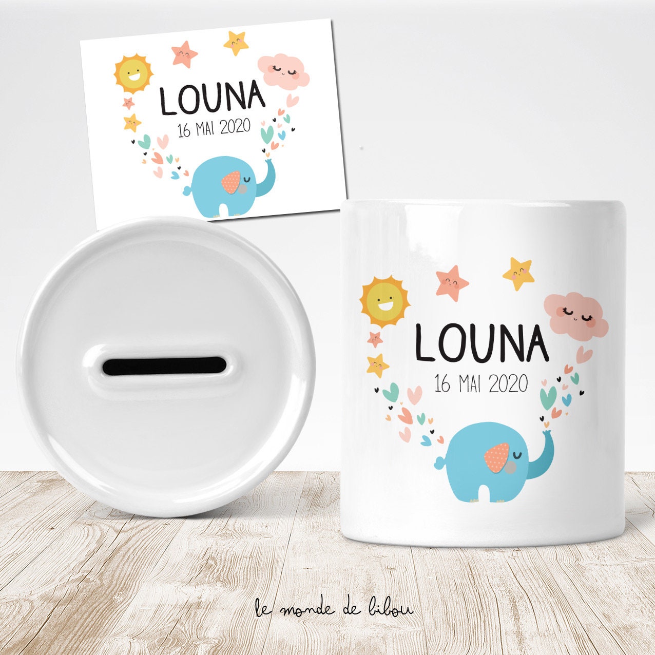 Tirelire Naissance Eléphant - Cadeau Personnalisée Enfant Boite Argent