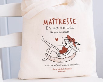 Sac Maîtresse Atsem en vacances - Tote bag personnalisé maîtresse | cadeau maîtresse | fin de l'école | merci maîtresse  | remerciements