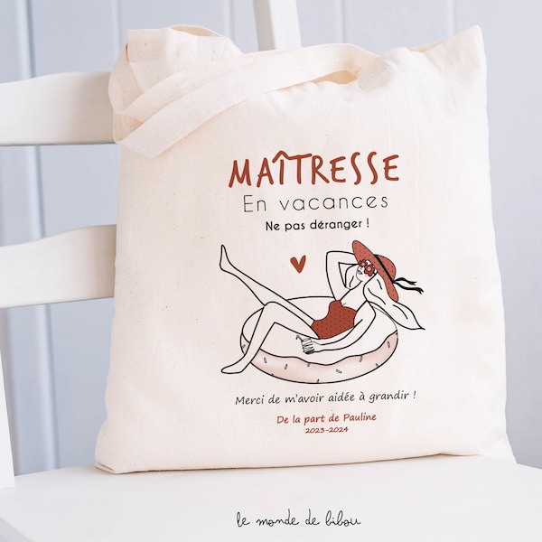 Sac Maîtresse Atsem en vacances - Tote bag personnalisé maîtresse | cadeau maîtresse | fin de l'école | merci maîtresse  | remerciements