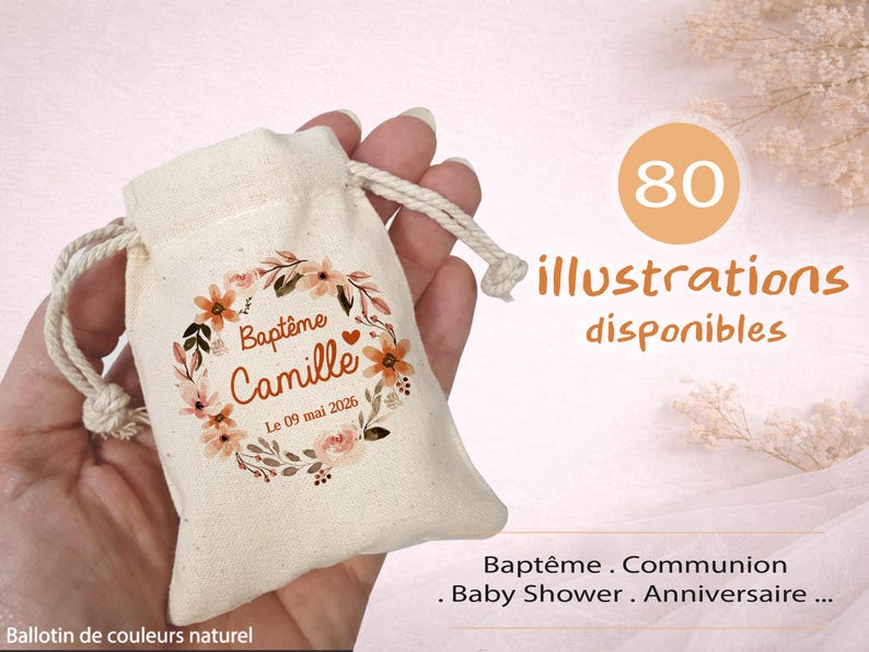 Baptism Guest Favor - Personalized Favor Bag for Sugared Almonds, 80 Themes Available - Ceremony Favors - Baptism Guest Favor Bag image 2