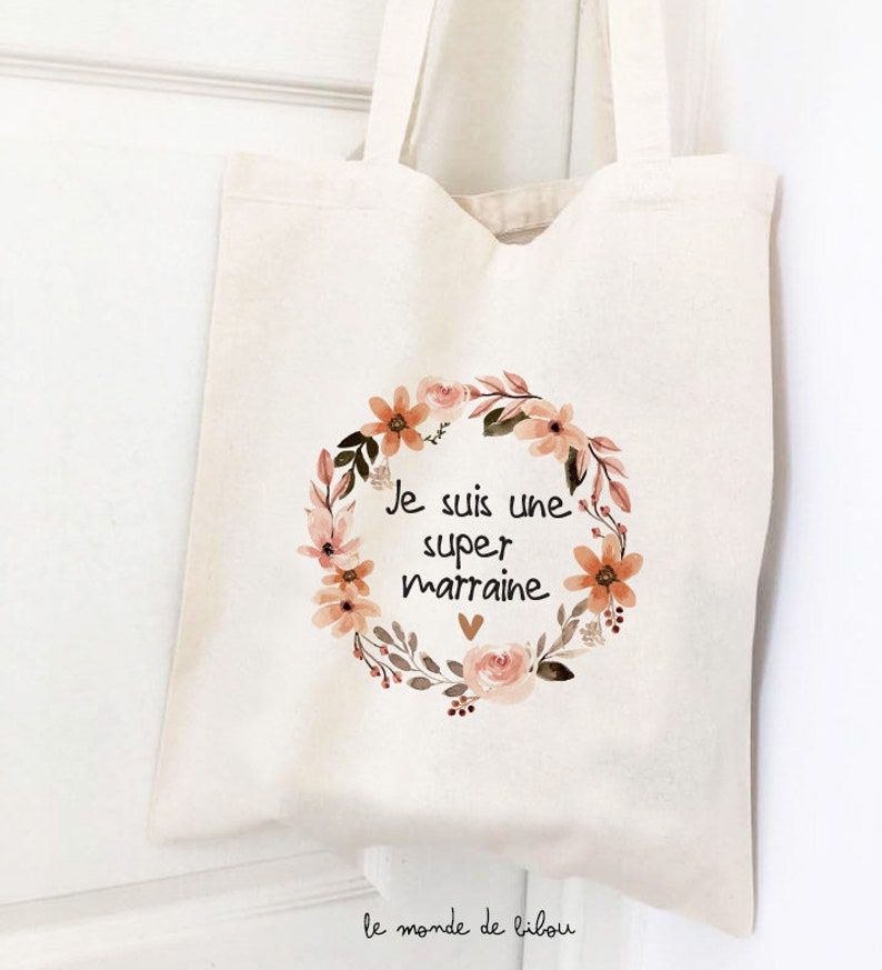 Sac tote bag en coton Je suis une super marraine image 2