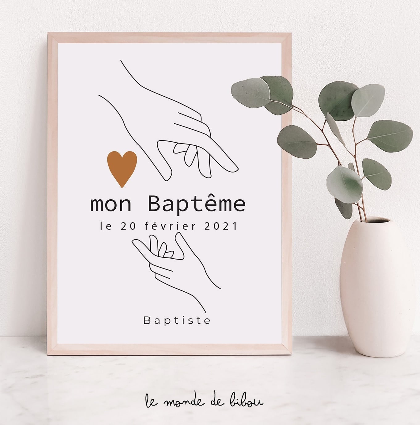 Affiche Mains sur Le Cœur - Cadeau Baptême Affiche Personnalisée Pour Parrain Marraine Souvenir Bapt