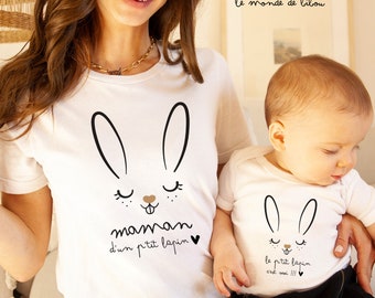 Duo de tee-shirts maman fille p'tit lapin personnalisés - t-shirt jolie maman & mini nous  - cadeau maman - body personnalisé bébé