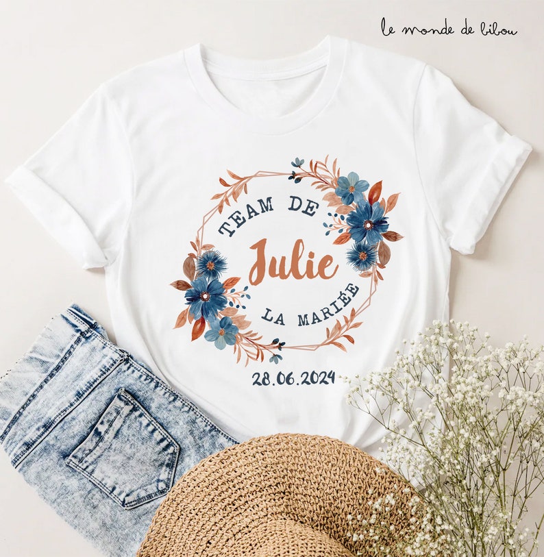 T-shirt enterrement vie de jeune fille personnalisé t-shirt team mariée ou encore sac tote bag team mariée EVJF couronne de fleurs T-shirt team mariée