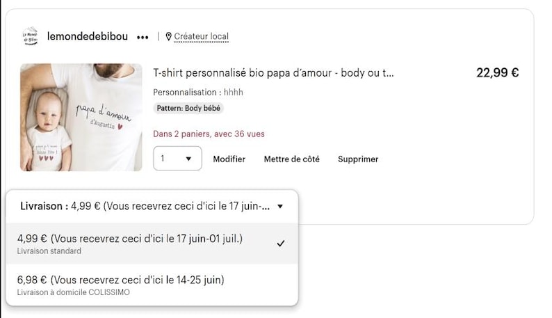 May include: A white t-shirt and a white baby bodysuit featuring the black cursive text "papa d'amour" and "d'augustin" with a small red heart on the t-shirt, and the text "papa d'amour" with three red hearts on the baby bodysuit.