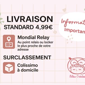 May include: A light pink graphic with a white grid pattern featuring the text LIVRAISON STANDARD 4,99&euro;, Information Importante, Mondial Relay, and Colissimo &agrave; domicile. An owl icon with the text Bibou Cr&eacute;ation is in the bottom right corner.