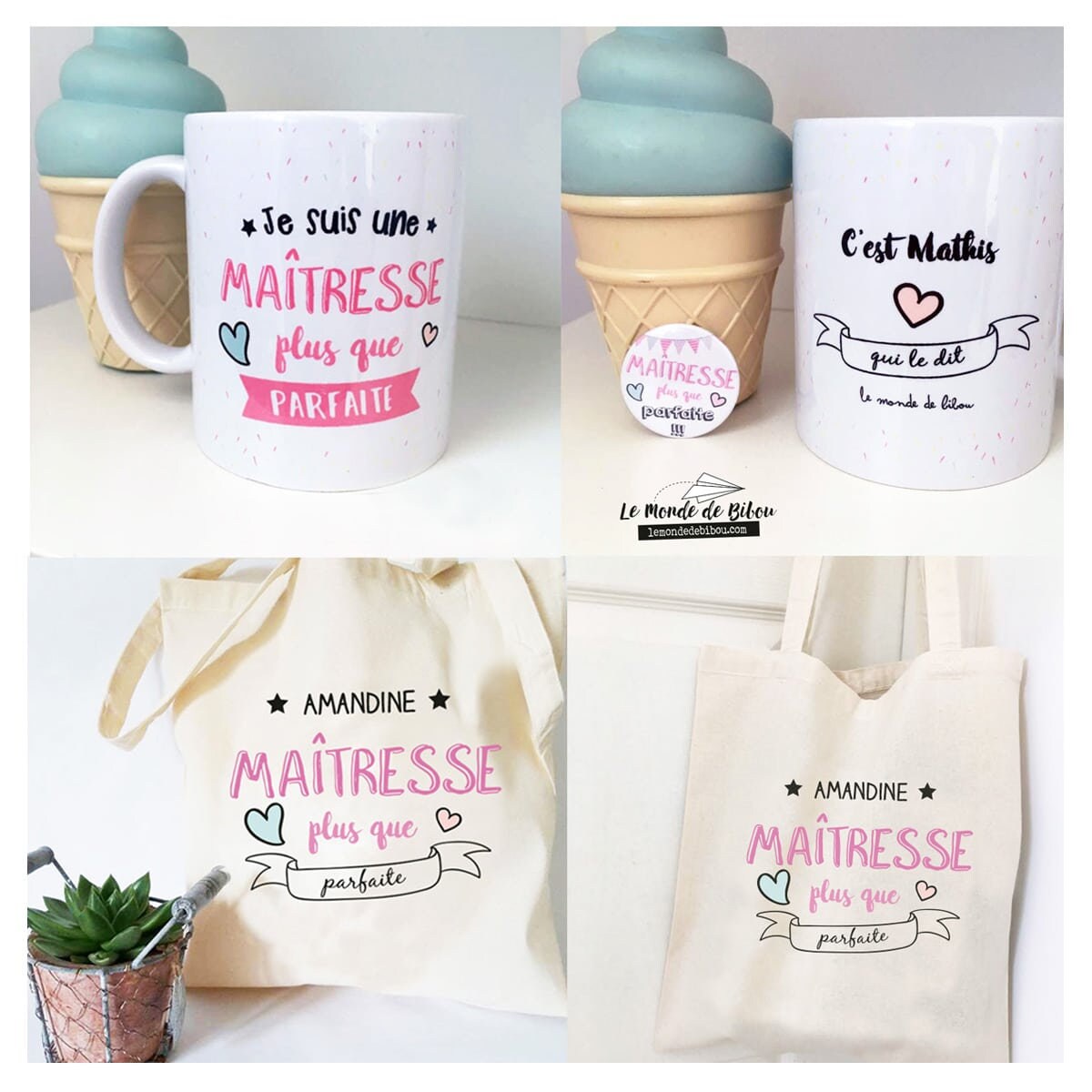 Kit Cadeau Maîtresse Plus Que Parfaite| Mug Personnalisé | Badge Sac Tote Bag Maîtresse