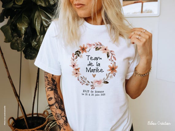 Teeshirt personnalisé EVJF pour team, témoin et future mariée- t-shirt team mariée ou Badge - EVJF couronne de fleurs