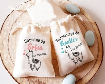 Sac pochon  dragées personnalisé thème lama | cadeaux invités | Baptême | cadeaux Communion | cadeaux naissance - ballotin