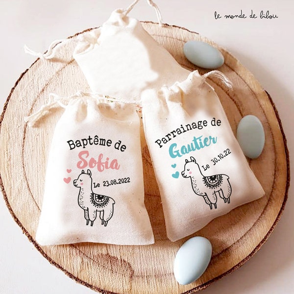 Sac pochon  dragées personnalisé thème lama | cadeaux invités | Baptême | cadeaux Communion | cadeaux naissance - ballotin