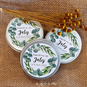 Boite à dragées personnalisée – thème couronne d’eucalyptus