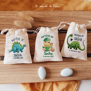 Sac pochon dragées personnalisé thème dinosaure | cadeaux invités | Baptême | cadeaux Communion | cadeaux naissance - ballotin