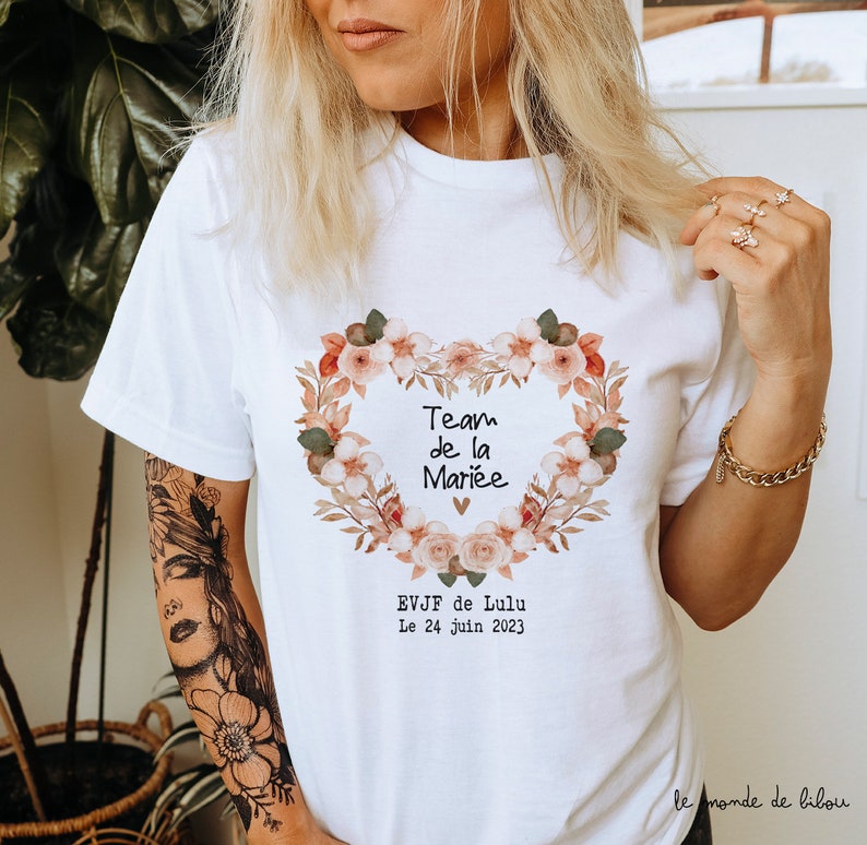 Tee Shirt EVJF personnalisé, Cœur Terracotta et Rose , t-shirt blanc ou rose Couronne de fleurs, EVJF t-shirt team mariée future mariée T-shirt team mariée