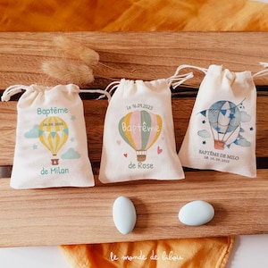 Sac pochon dragées personnalisé thème montgolfière | cadeaux invités | Baptême | cadeaux Communion | cadeaux naissance -mini pochon