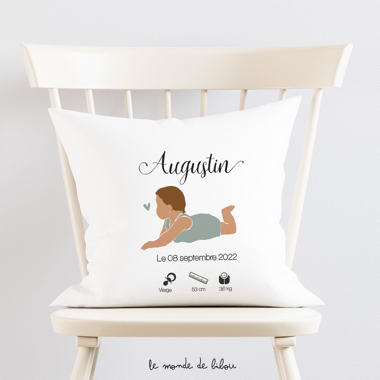 Coussin de Naissance Personnalisé Bébé - 2 Versions Cadeau Illustration Bébé Coussin Maternelle