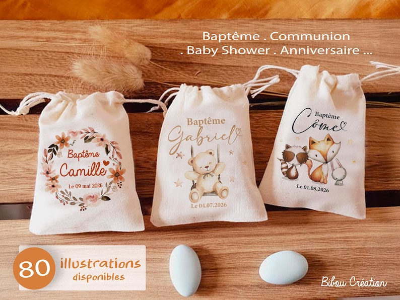 Baptism Guest Favor - Personalized Favor Bag for Sugared Almonds, 80 Themes Available - Ceremony Favors - Baptism Guest Favor Bag image 1