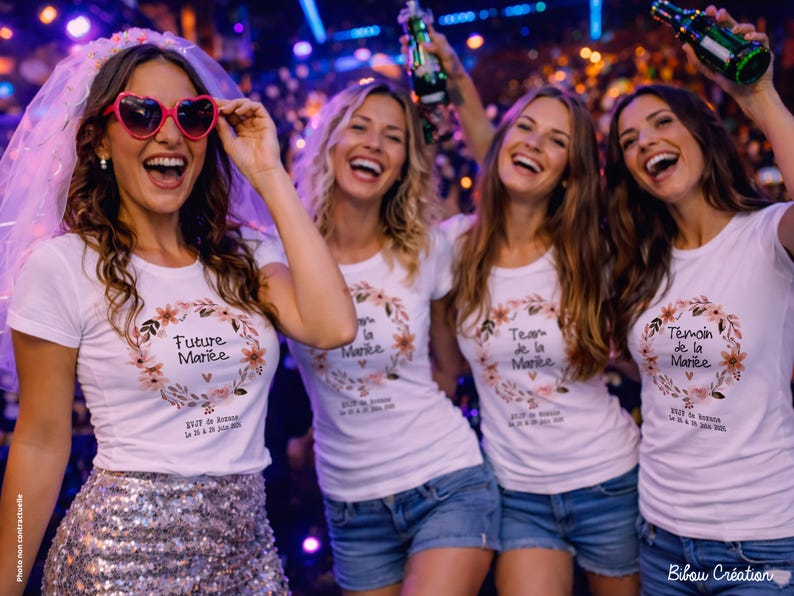 Op de afbeelding: Vier vrouwen in witte t-shirts met bloemenkransontwerpen en tekst. E&eacute;n vrouw draagt een sluier en een roze hartzonnebril. De shirts zeggen "Future Mari&eacute;e", "Team de la Mari&eacute;e" en "T&eacute;moin de la Mari&eacute;e".