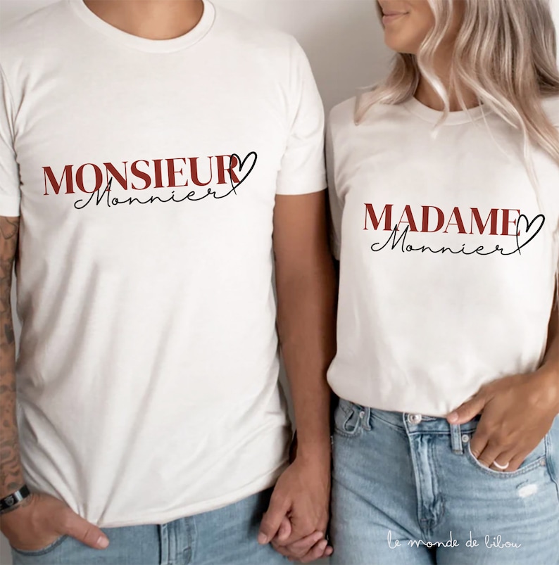 T-shirts personnalisés Monsieur et Madame Mariage duo teeshirts mariée et marié cadeau célébration mariage cadeau EVJF future mariée image 5