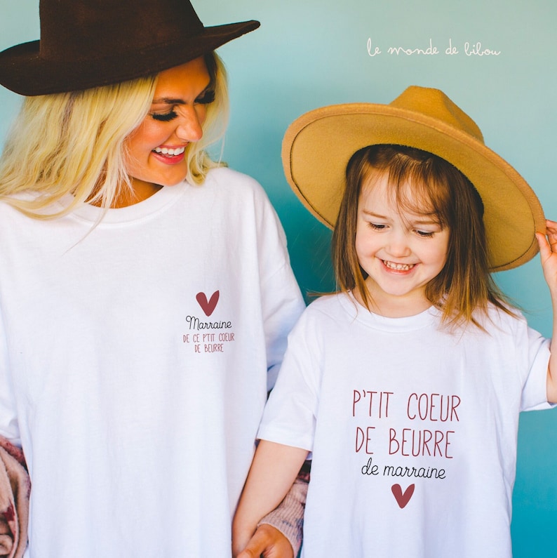 T-shirts marraine et filleul e duo teeshirts marraine filleule P'tit cœur de beurre cadeau marraine annonce marraine image 1