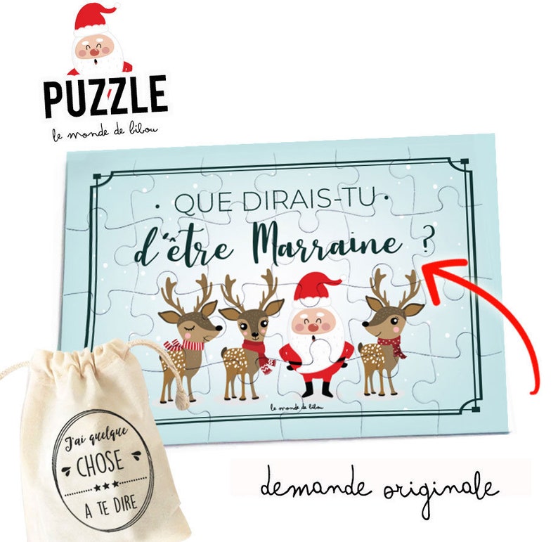 Puzzle demande parrain marraine annonce futur parrain et marraine thème Noël annonce grossesse cadeau de Noël image 1