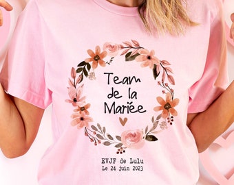 Collection EVJF au choix t-shirt future mariée - t-shirt team mariée ou Badge ou encore sac tote bag team mariée - EVJF couronne de fleurs