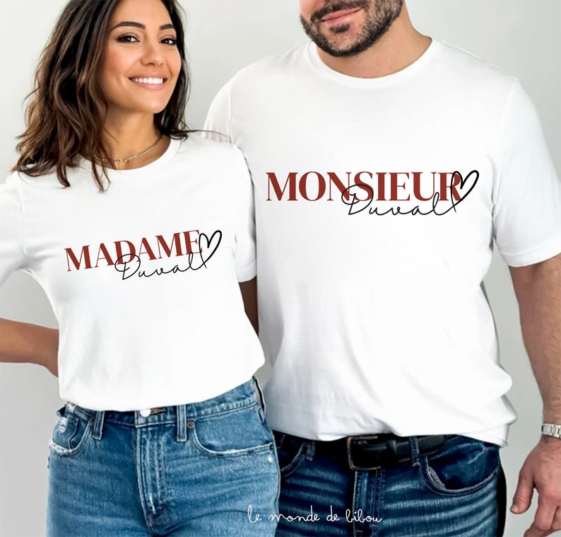 T-shirts personnalisés Monsieur et Madame Mariage duo teeshirts mariée et marié cadeau célébration mariage cadeau EVJF future mariée duo de t-shirts
