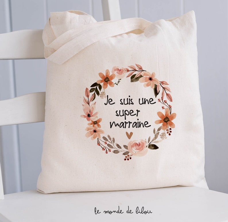 Sac tote bag en coton Je suis une super marraine image 1