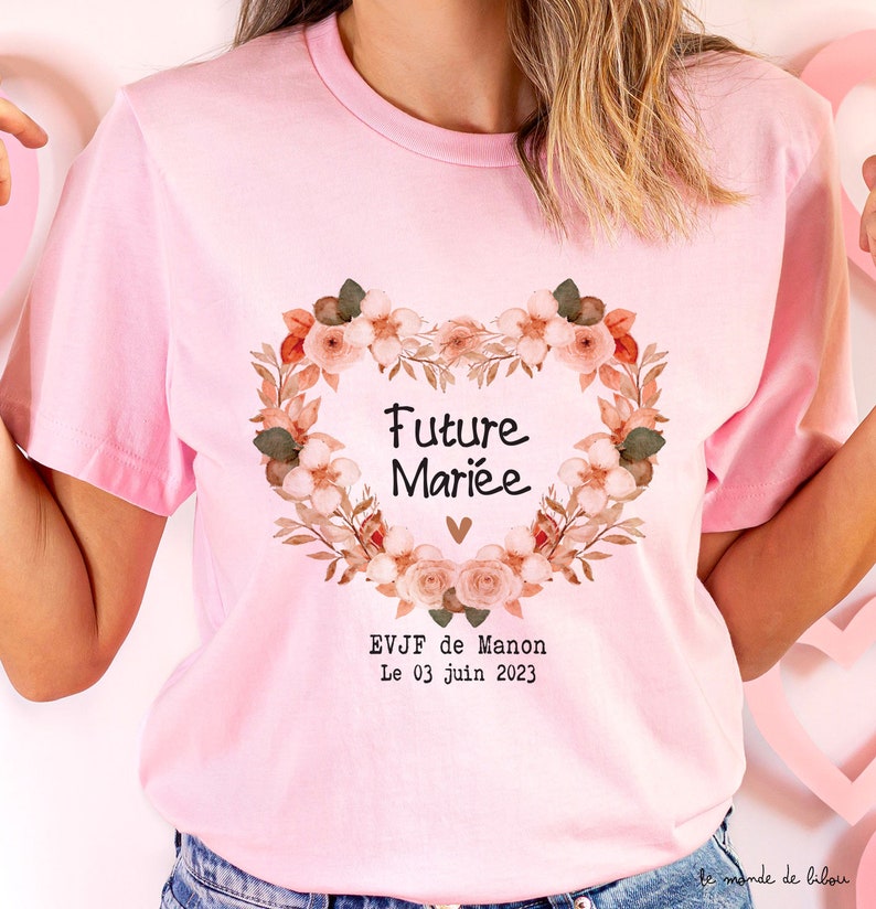 Tee Shirt EVJF personnalisé, Cœur Terracotta et Rose , t-shirt blanc ou rose Couronne de fleurs, EVJF t-shirt team mariée future mariée T-shirt mariée rose