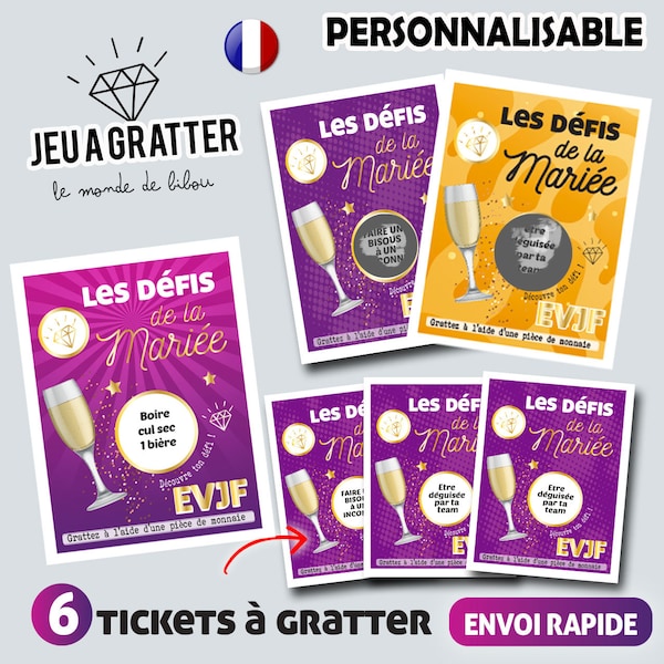 Tickets à gratter personnalisé future mariée - cartes à gratter défis future mariée  animation enterrement de vie de jeune fille