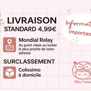 Op de afbeelding: Een roze en witte afbeelding met Franse tekst. De tekst bevat "LIVRAISON STANDARD" en "Mondial Relay". Een cartoon uil logo staat in de rechter benedenhoek. De achtergrond is een lichtroze rasterpatroon.