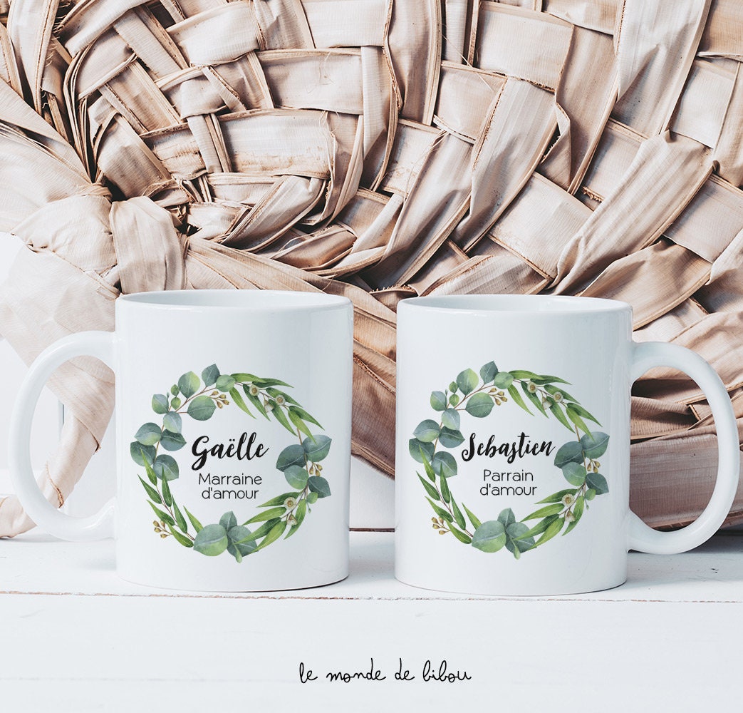 Duo de Mugs Parrain Marraine Eucalyptus | Cadeaux Parrain Marraine 2 Tasses Personnalisées Baptême C